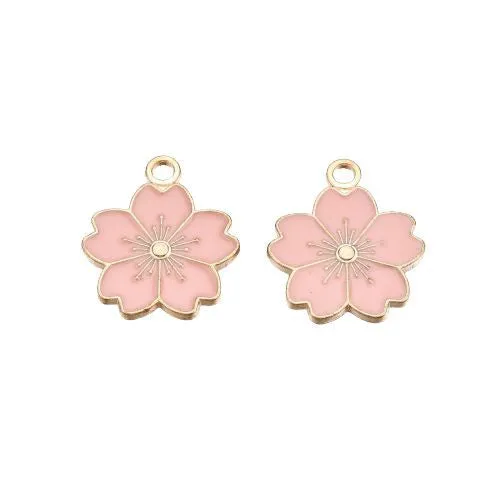 Pendants, Sakura Flower, Single-Sided, Misty Rose, Enameled, Light Gold Plated, Alloy, 20.5mm