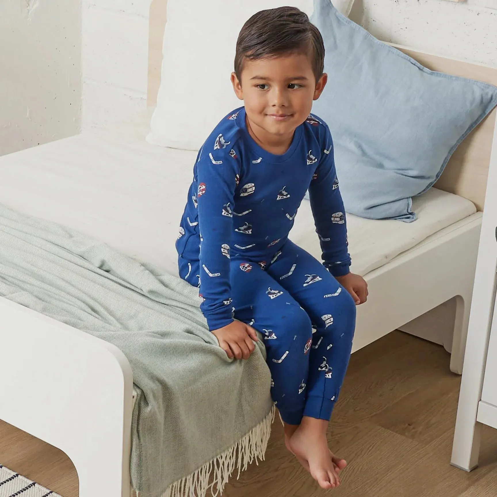 Petit Lem Hockey Gear Print on Estate Blue PJ Set