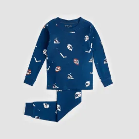 Petit Lem Hockey Gear Print on Estate Blue PJ Set