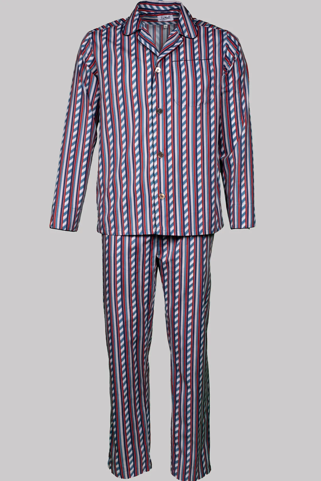 PYJAMA FRANCE with blue piping 100% COTTON Herringbone-light Medium-Stripes digital-print