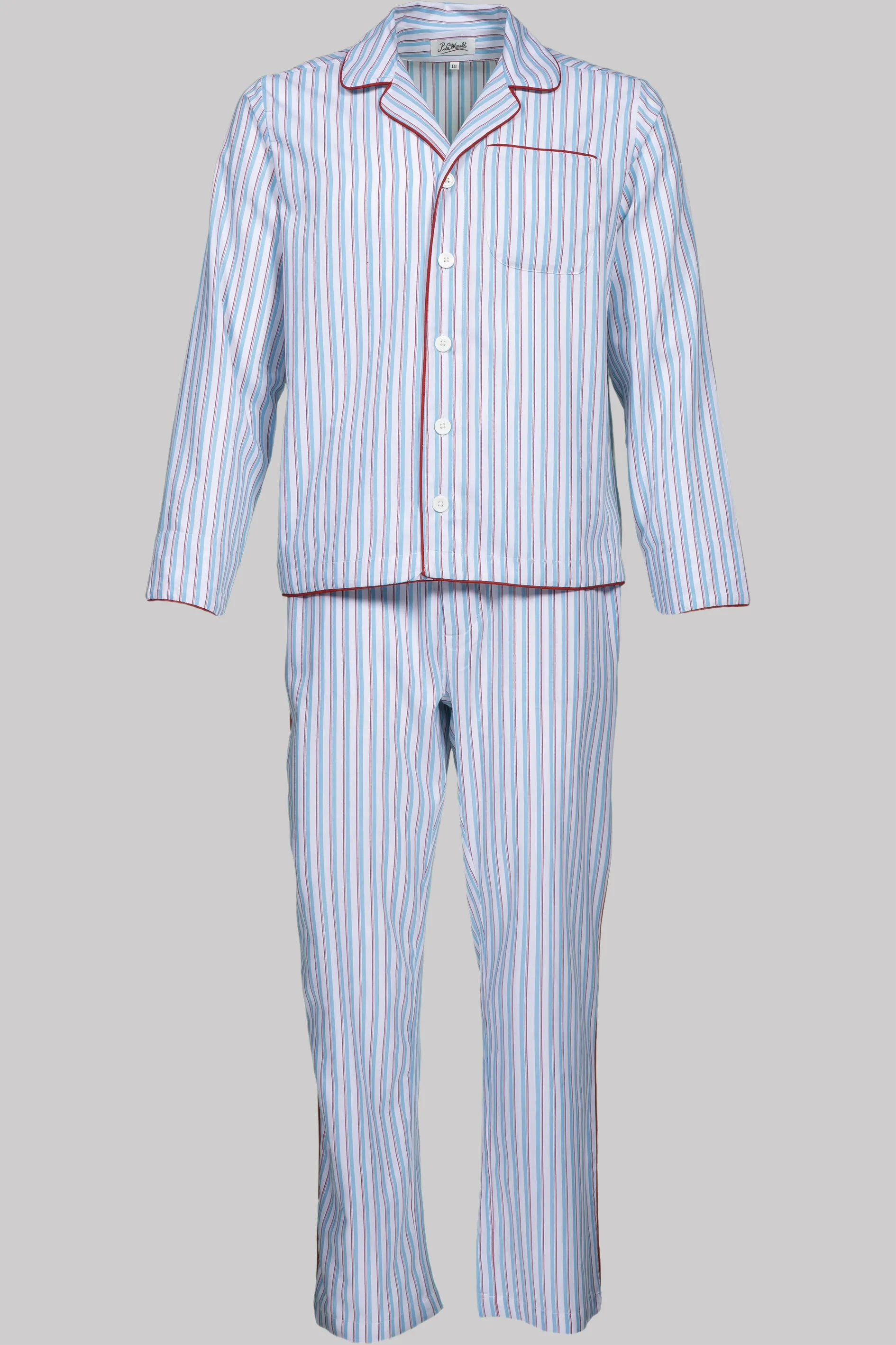 PYJAMA SKY-White-red-black with red piping 100% COTTON Herringbone-light Asymmetric-Stripes