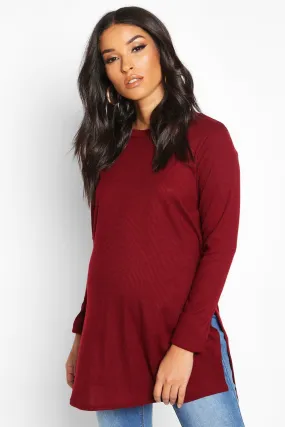 Red Maternity Side Split Rib Sweater