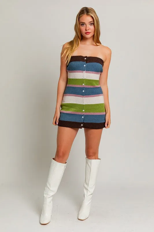 Rihanna Strapless Striped Sweater Mini Dress