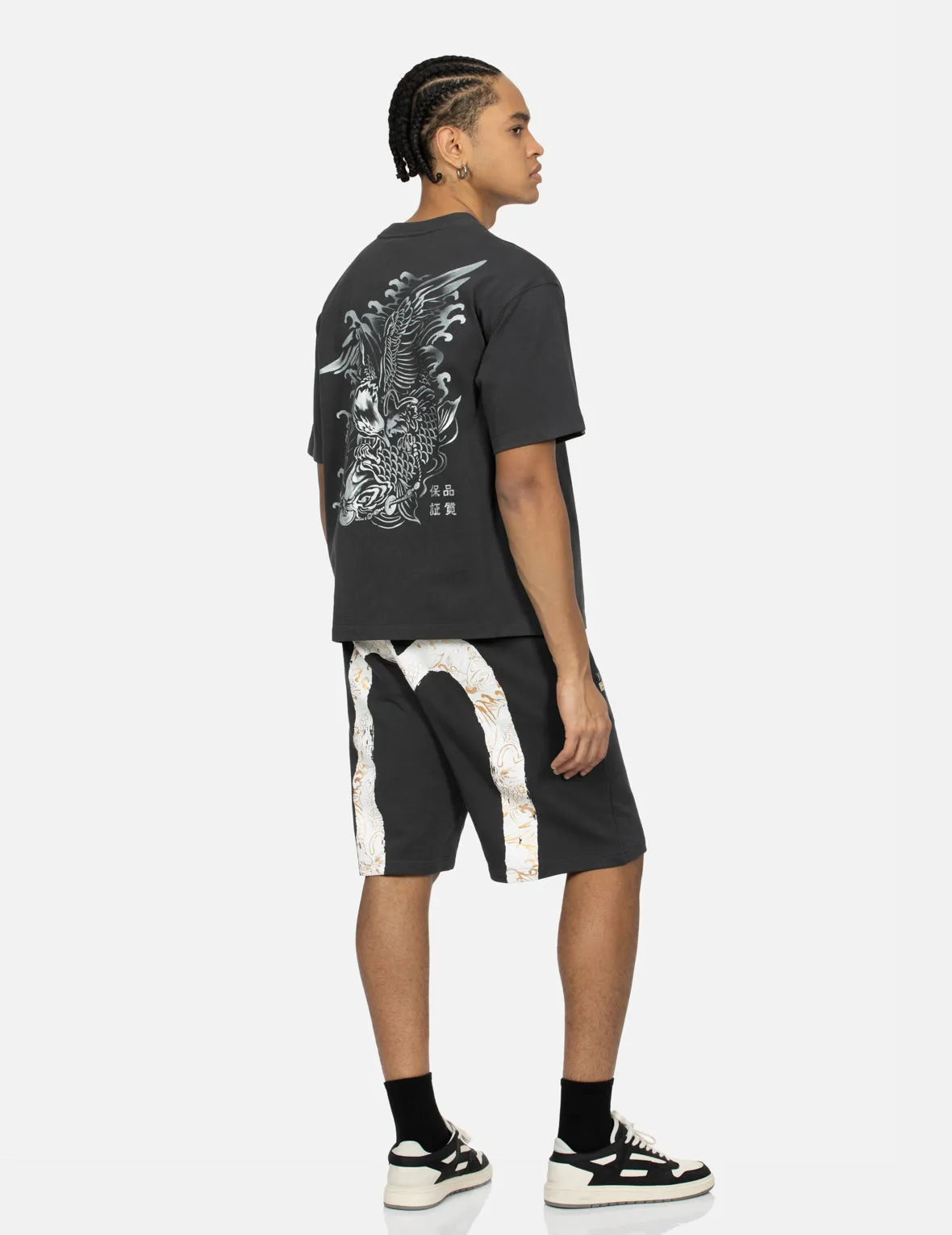 Seagull Embroidery and Brushstroke Koi Seagull Daicock Print Relax Fit Sweat Shorts