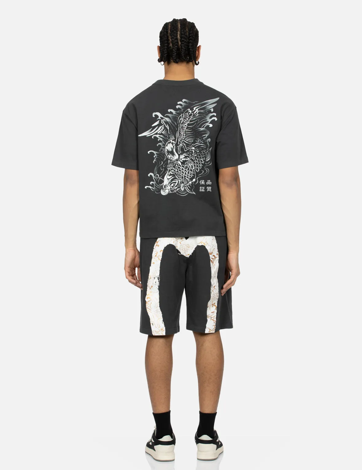 Seagull Embroidery and Brushstroke Koi Seagull Daicock Print Relax Fit Sweat Shorts