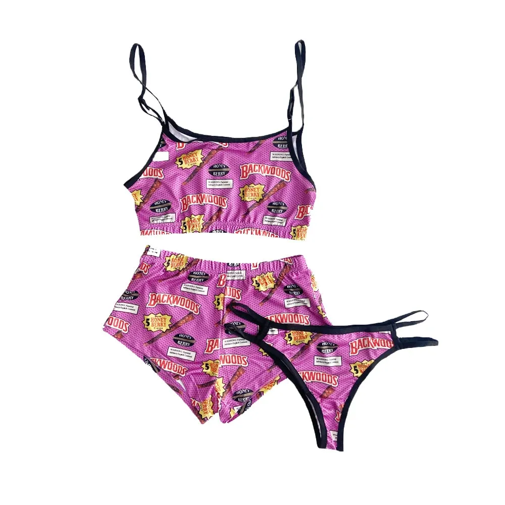 Sexy Printed Pajamas  3 Pieces Set Sleepwear High Waist Crop Top Shorts Panties and Bra Set