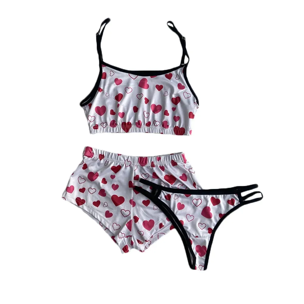 Sexy Printed Pajamas  3 Pieces Set Sleepwear High Waist Crop Top Shorts Panties and Bra Set