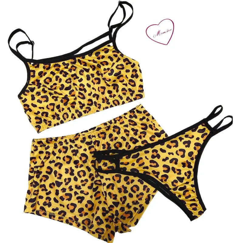 Sexy Printed Pajamas  3 Pieces Set Sleepwear High Waist Crop Top Shorts Panties and Bra Set