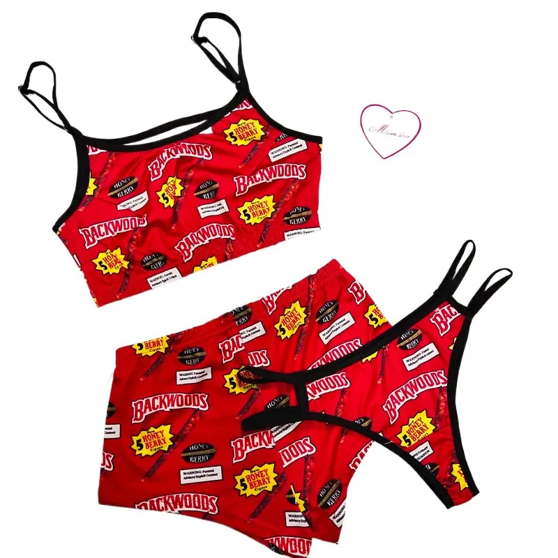 Sexy Printed Pajamas  3 Pieces Set Sleepwear High Waist Crop Top Shorts Panties and Bra Set