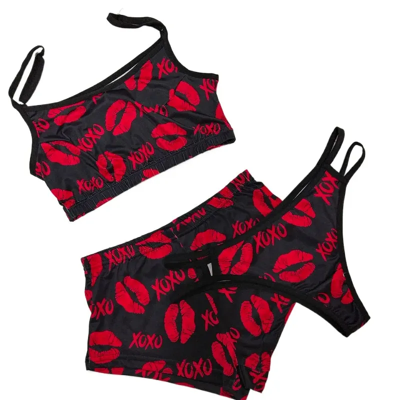 Sexy Printed Pajamas  3 Pieces Set Sleepwear High Waist Crop Top Shorts Panties and Bra Set