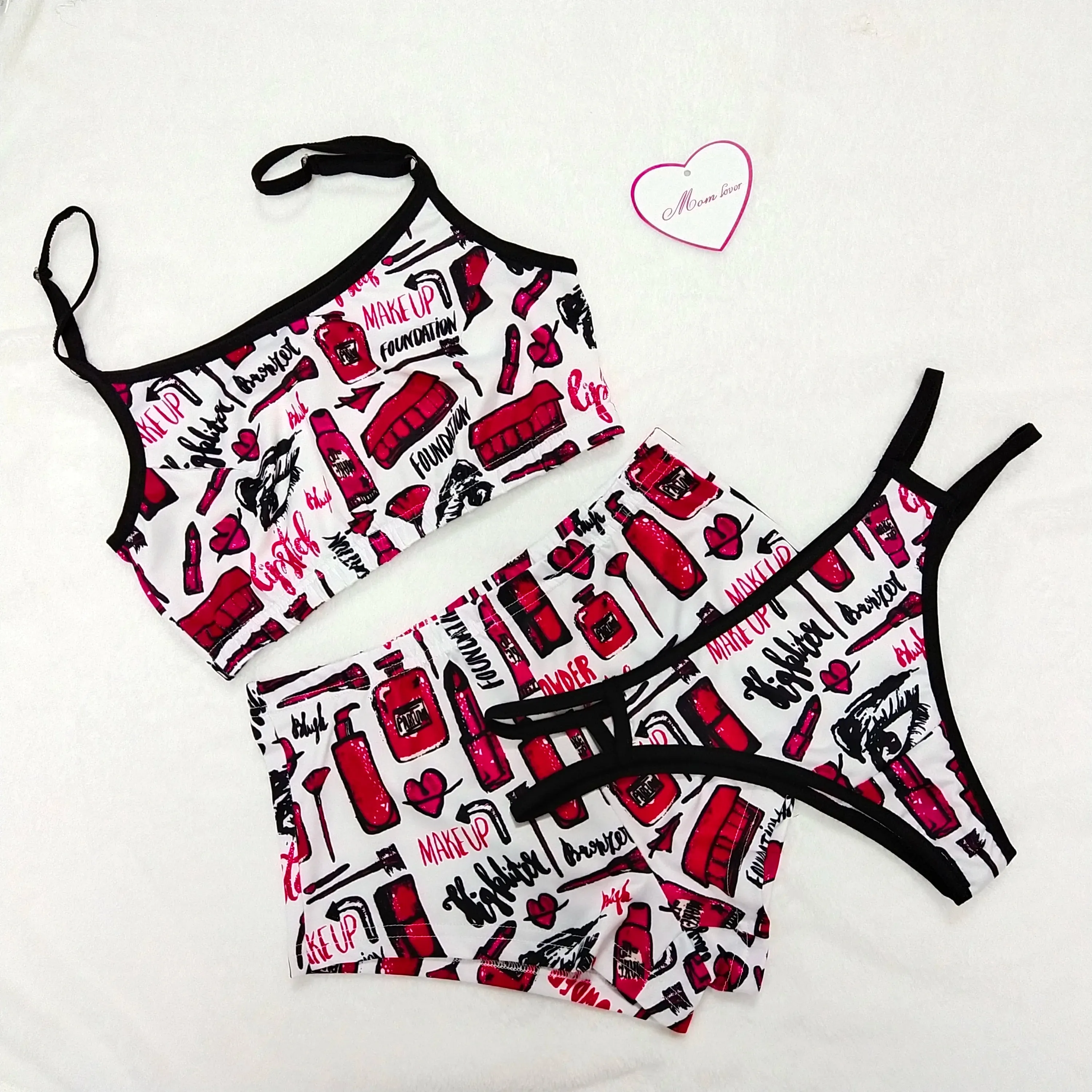 Sexy Printed Pajamas  3 Pieces Set Sleepwear High Waist Crop Top Shorts Panties and Bra Set