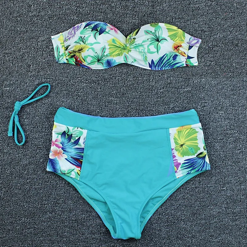 Sexy Push-Up Bandeau Top Floral Printed Brazilian Thong Bikini Set