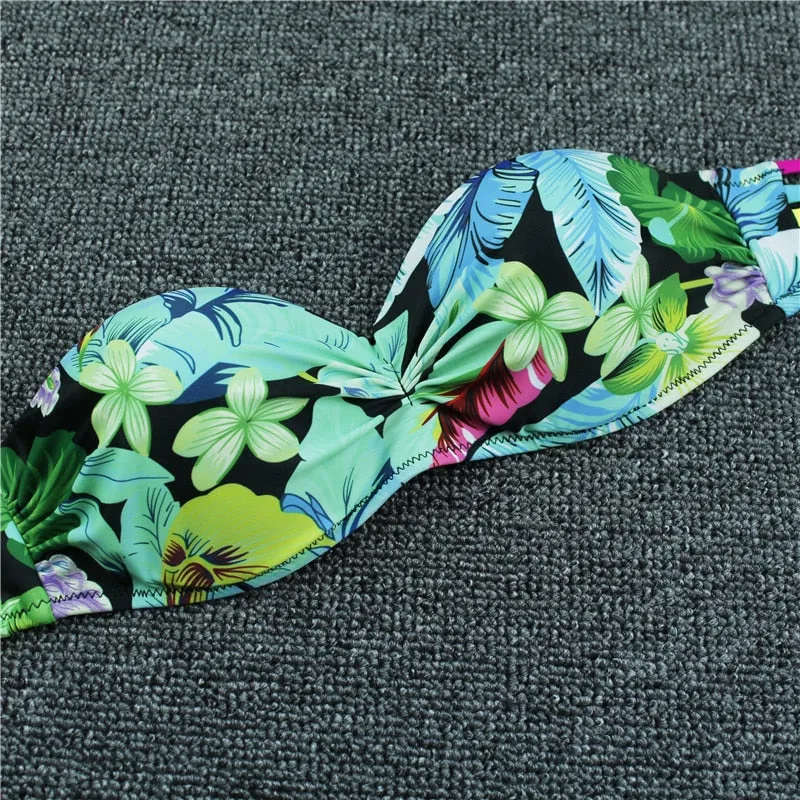 Sexy Push-Up Bandeau Top Floral Printed Brazilian Thong Bikini Set