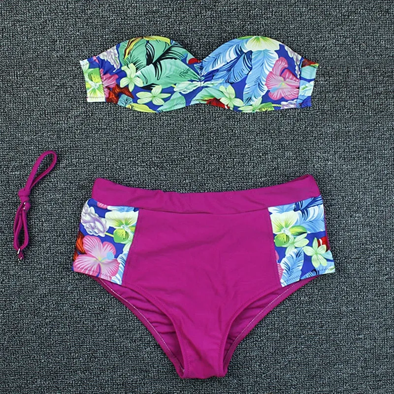 Sexy Push-Up Bandeau Top Floral Printed Brazilian Thong Bikini Set