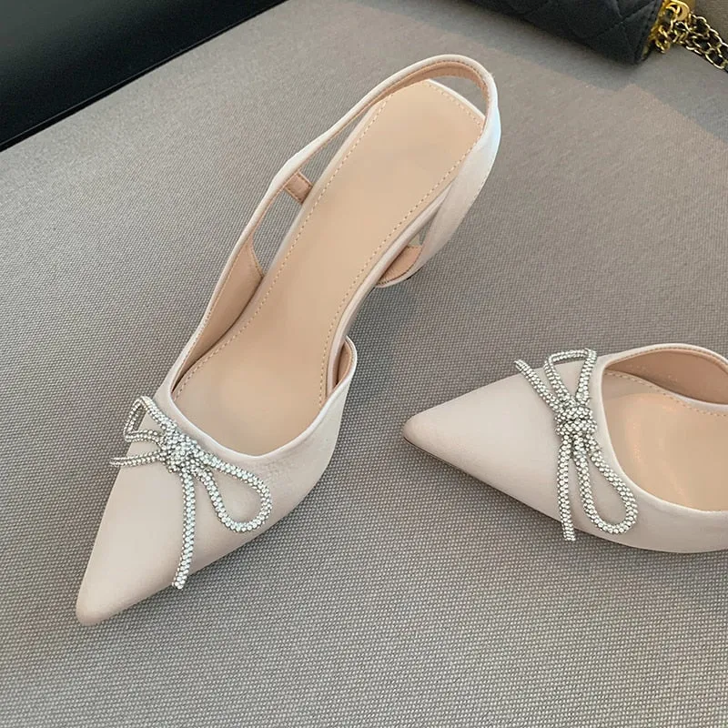 Silk Pointed Rhinestone Bowknot Fashion High Heels Pumps Hollow Out Sexy Women Wedding Bridal