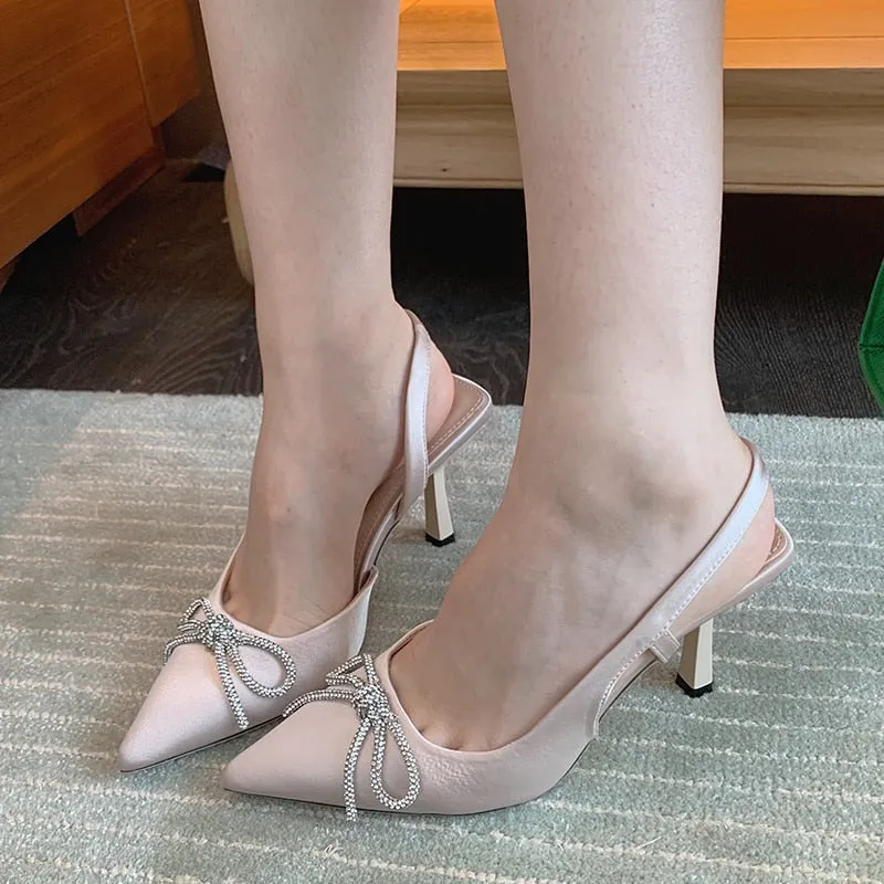 Silk Pointed Rhinestone Bowknot Fashion High Heels Pumps Hollow Out Sexy Women Wedding Bridal