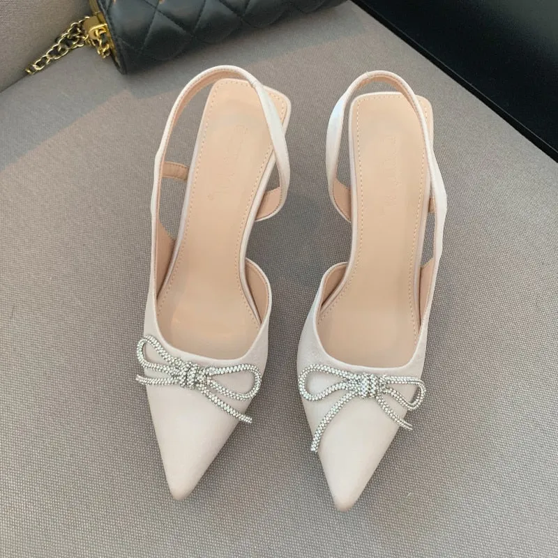 Silk Pointed Rhinestone Bowknot Fashion High Heels Pumps Hollow Out Sexy Women Wedding Bridal