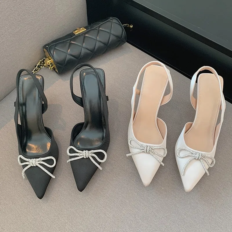 Silk Pointed Rhinestone Bowknot Fashion High Heels Pumps Hollow Out Sexy Women Wedding Bridal