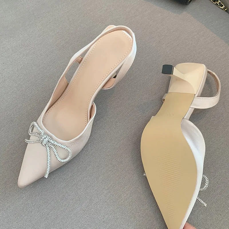 Silk Pointed Rhinestone Bowknot Fashion High Heels Pumps Hollow Out Sexy Women Wedding Bridal