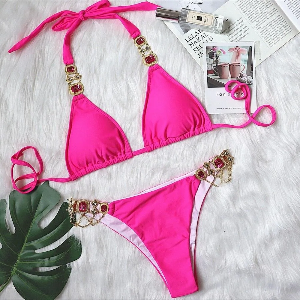 Snake Print Crystal Split Bikini Set with Thongs