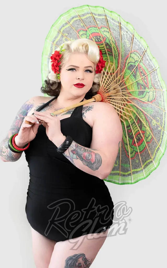 Sourpuss Ruched Swimsuit in Black - XL left only