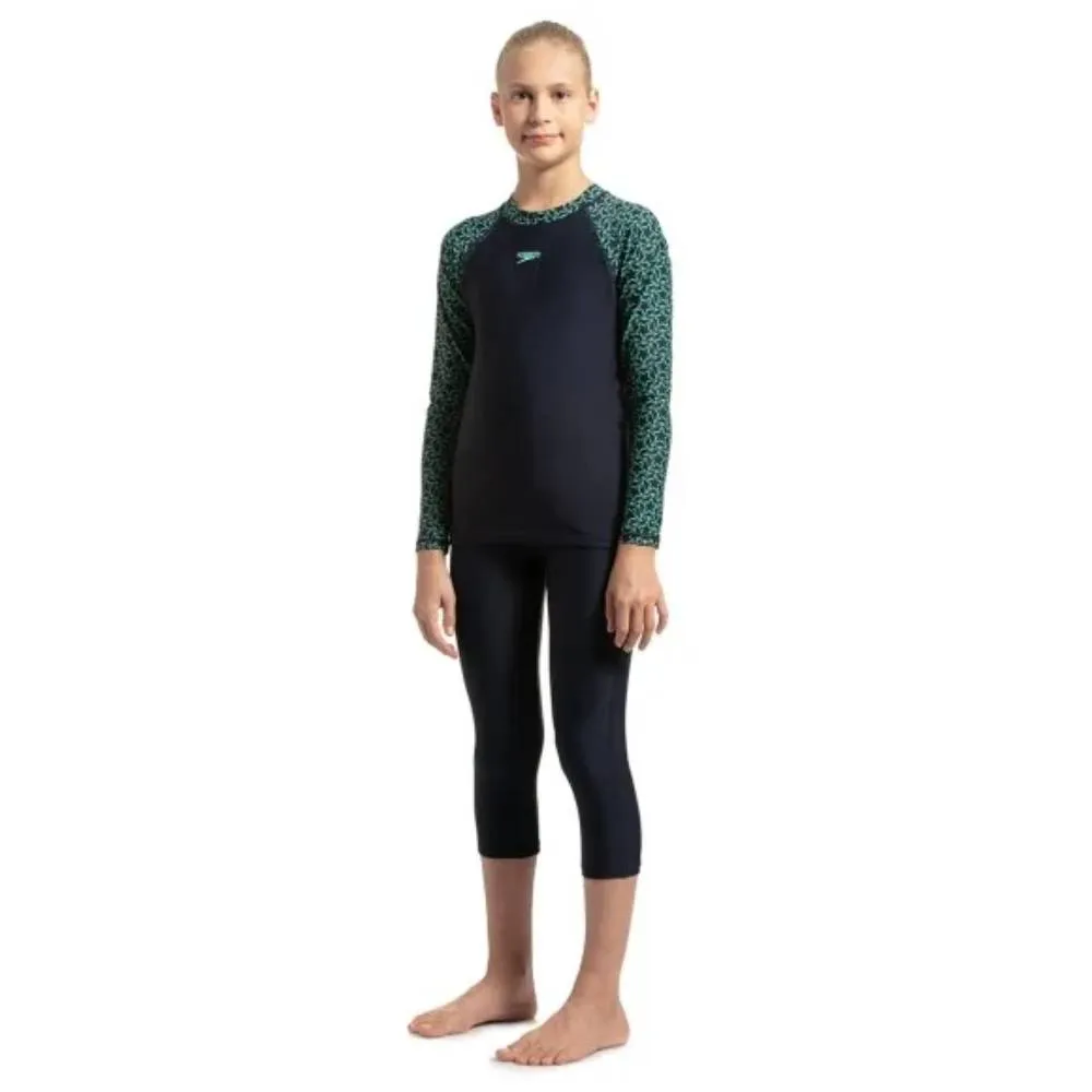 Speedo Girl's Boomstar Long Sleeve Suntop (True Navy/Green Glow)