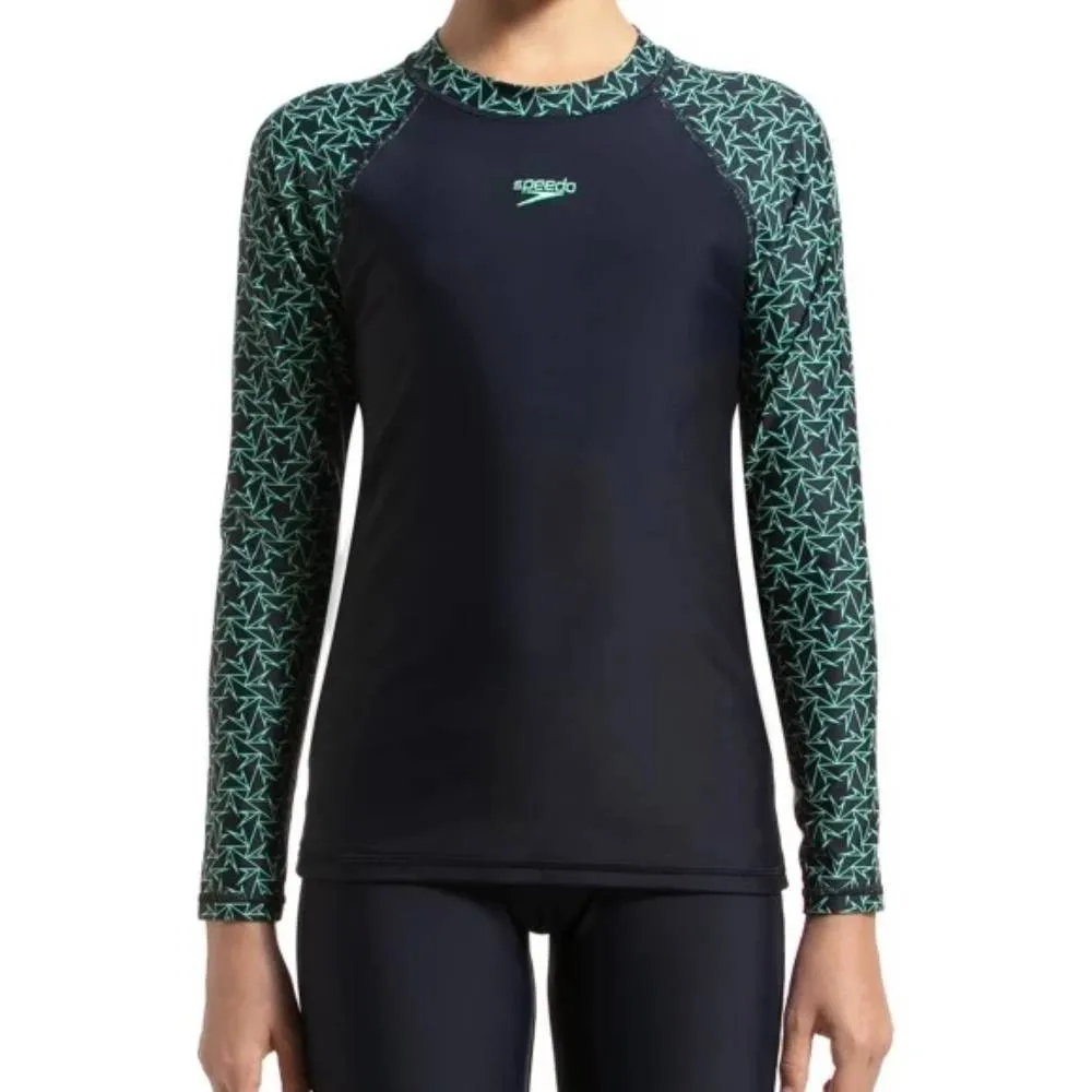 Speedo Girl's Boomstar Long Sleeve Suntop (True Navy/Green Glow)