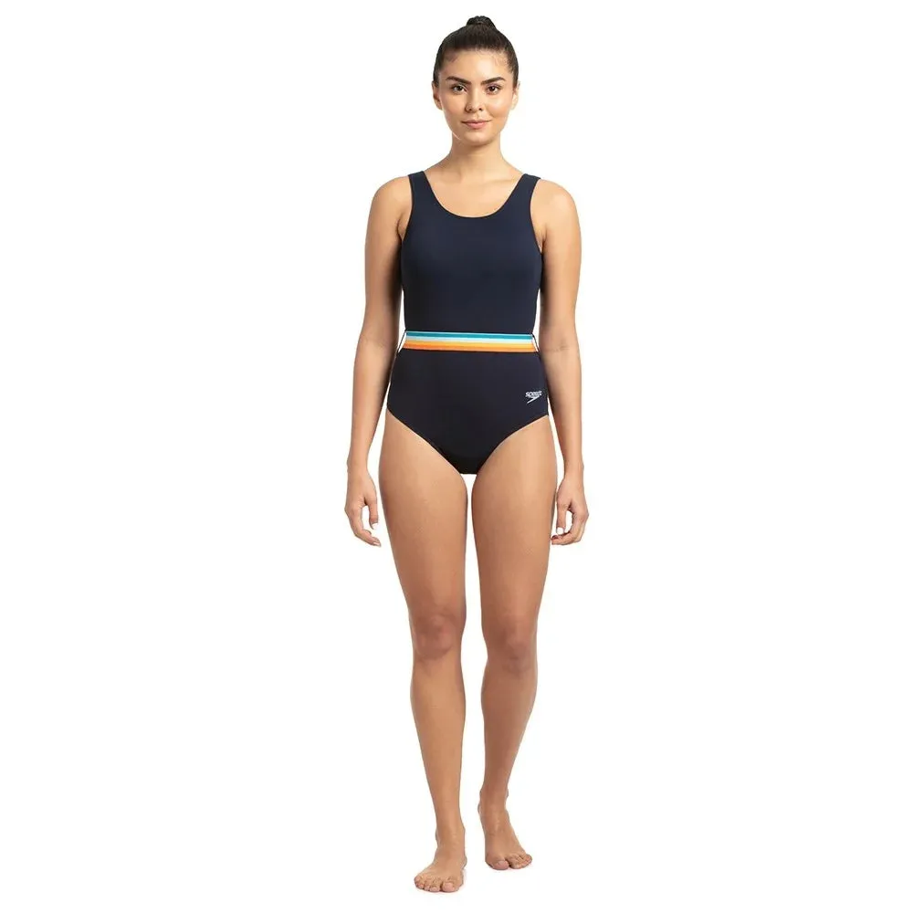 Speedo Women's Belted Deep U-Back One-Piece (True Navy/Orange Fizz/Mango/Sky Blue/Blue Bay)