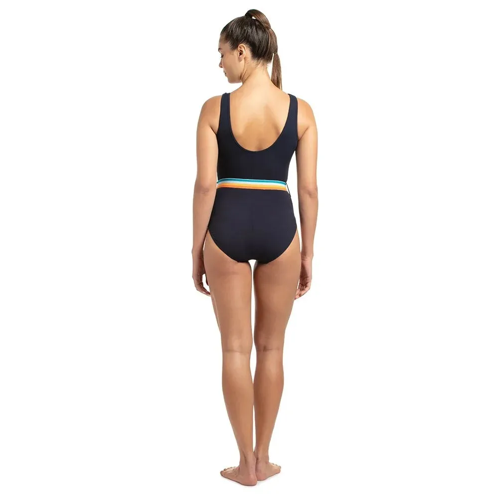 Speedo Women's Belted Deep U-Back One-Piece (True Navy/Orange Fizz/Mango/Sky Blue/Blue Bay)