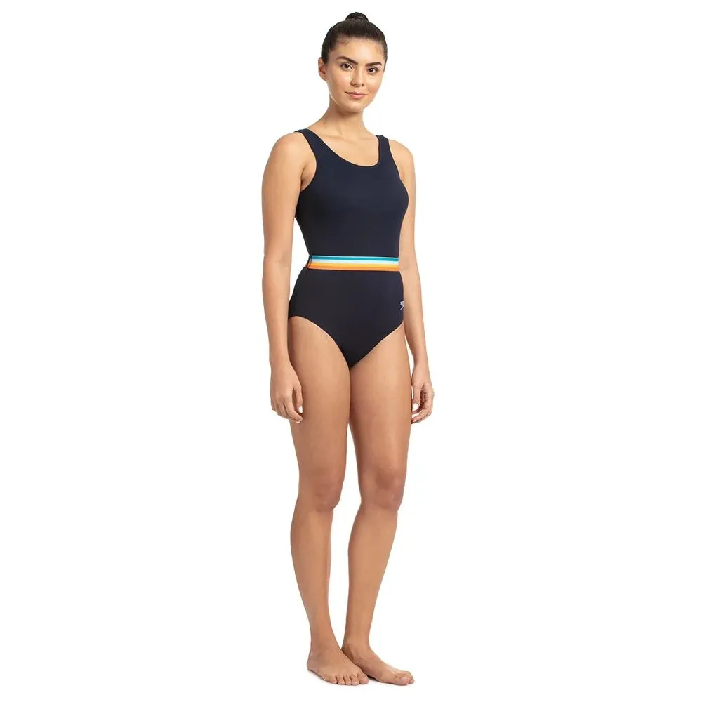 Speedo Women's Belted Deep U-Back One-Piece (True Navy/Orange Fizz/Mango/Sky Blue/Blue Bay)