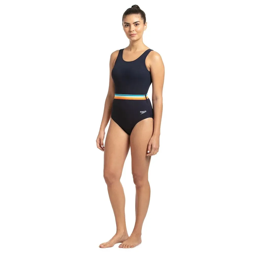 Speedo Women's Belted Deep U-Back One-Piece (True Navy/Orange Fizz/Mango/Sky Blue/Blue Bay)