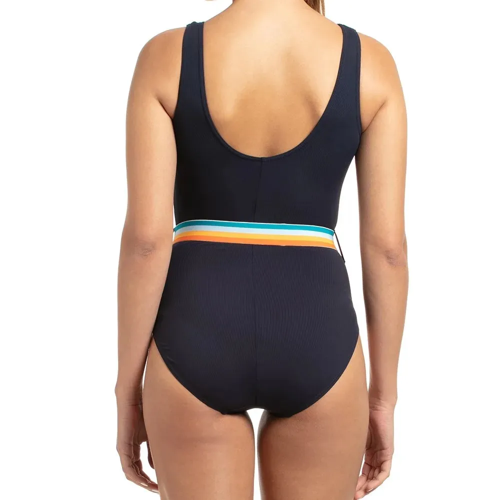 Speedo Women's Belted Deep U-Back One-Piece (True Navy/Orange Fizz/Mango/Sky Blue/Blue Bay)