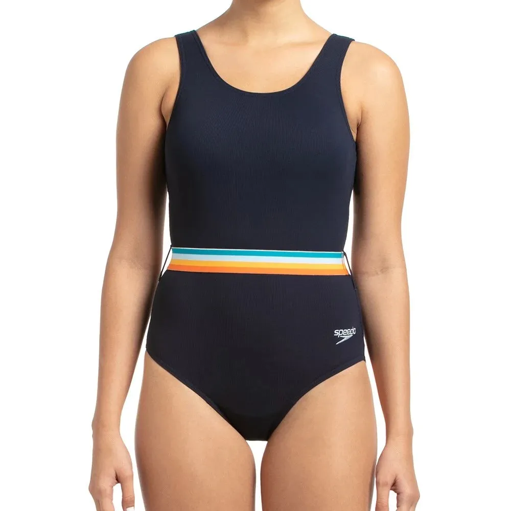 Speedo Women's Belted Deep U-Back One-Piece (True Navy/Orange Fizz/Mango/Sky Blue/Blue Bay)