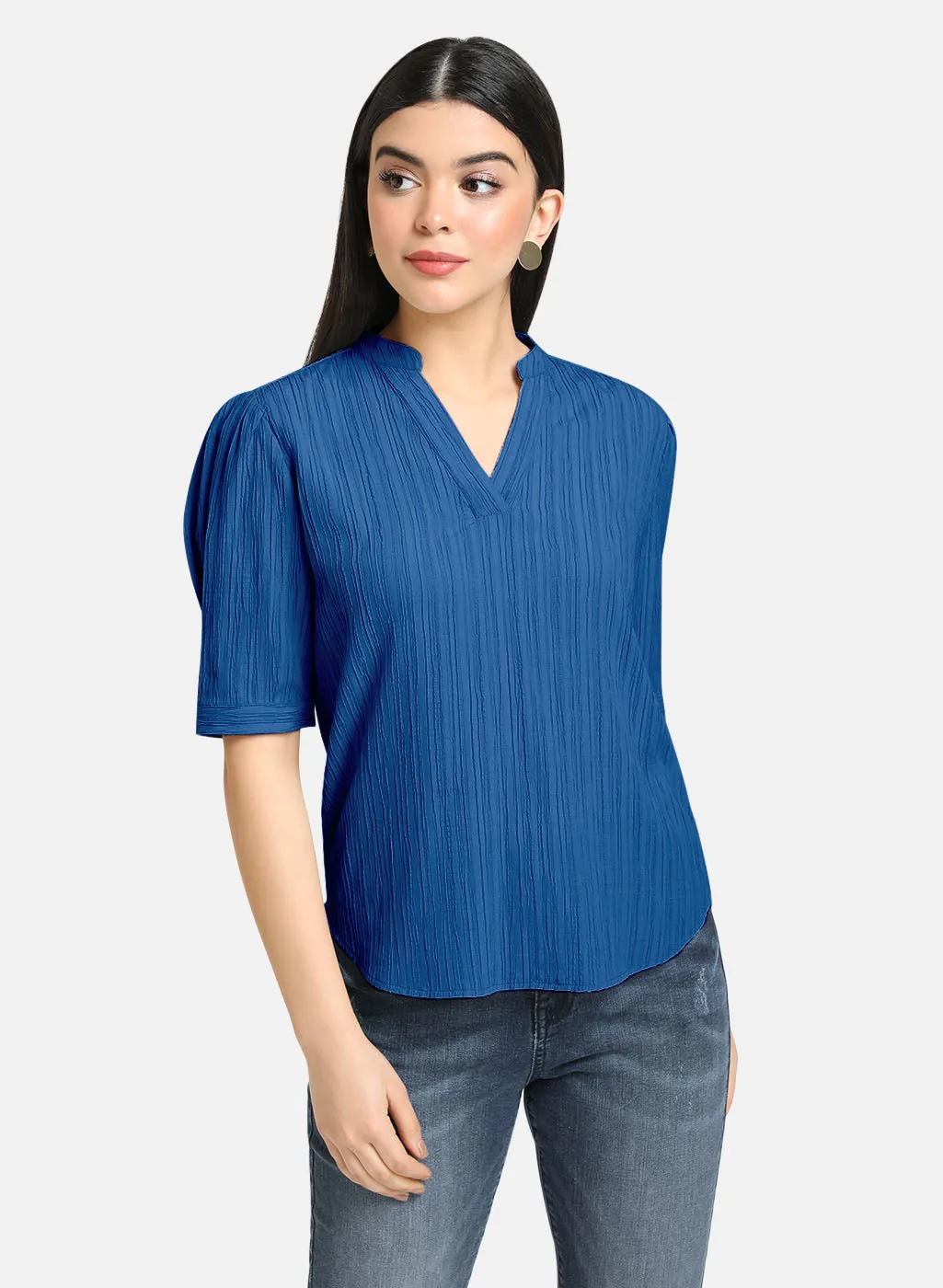 Textured V Neck Band Collar Top