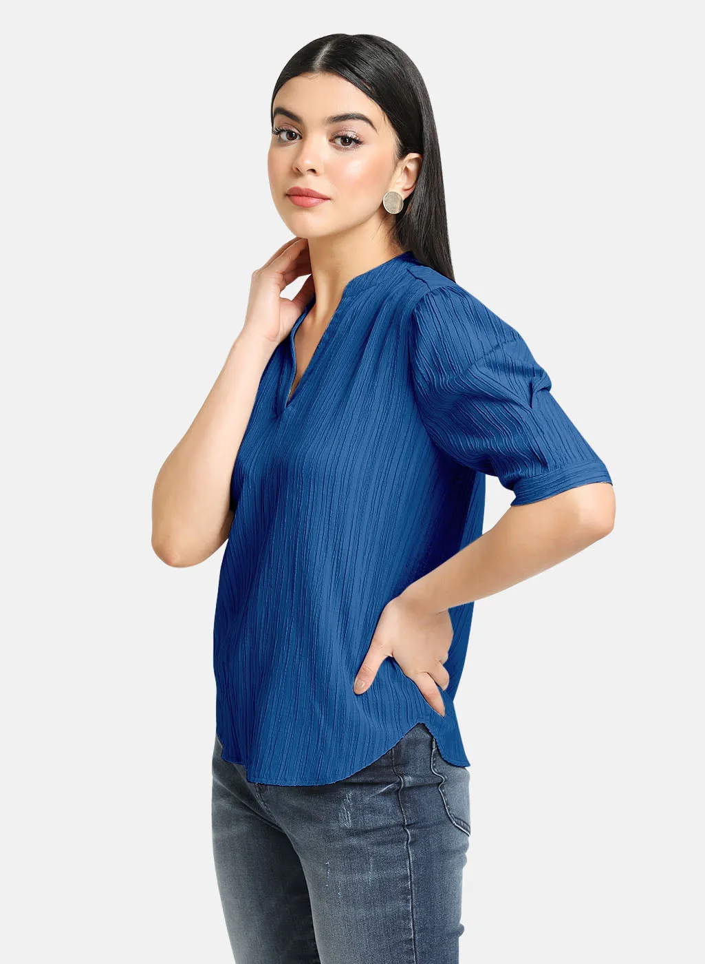 Textured V Neck Band Collar Top