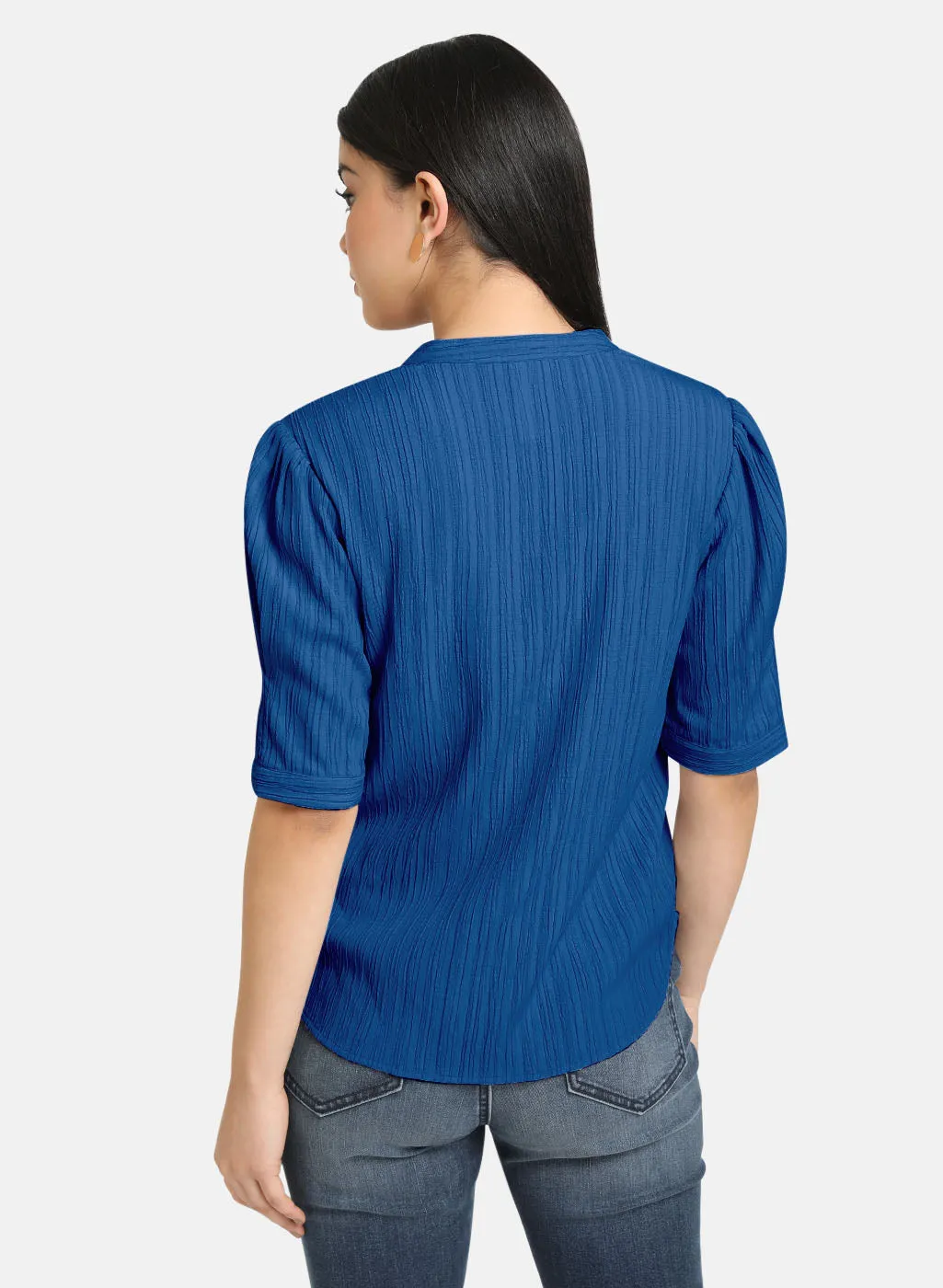 Textured V Neck Band Collar Top