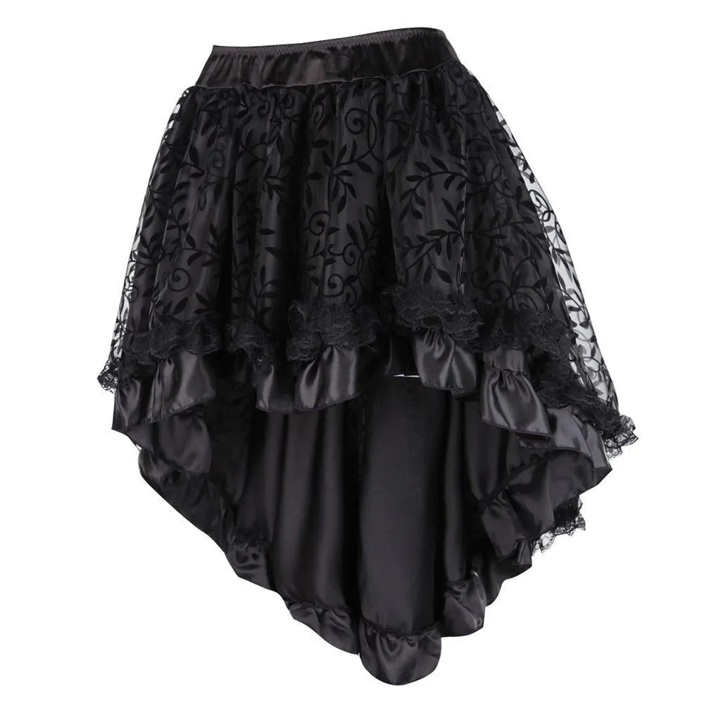 Victorian Asymmetrical Ruffled Satin Lace Trim Gothic Skirt