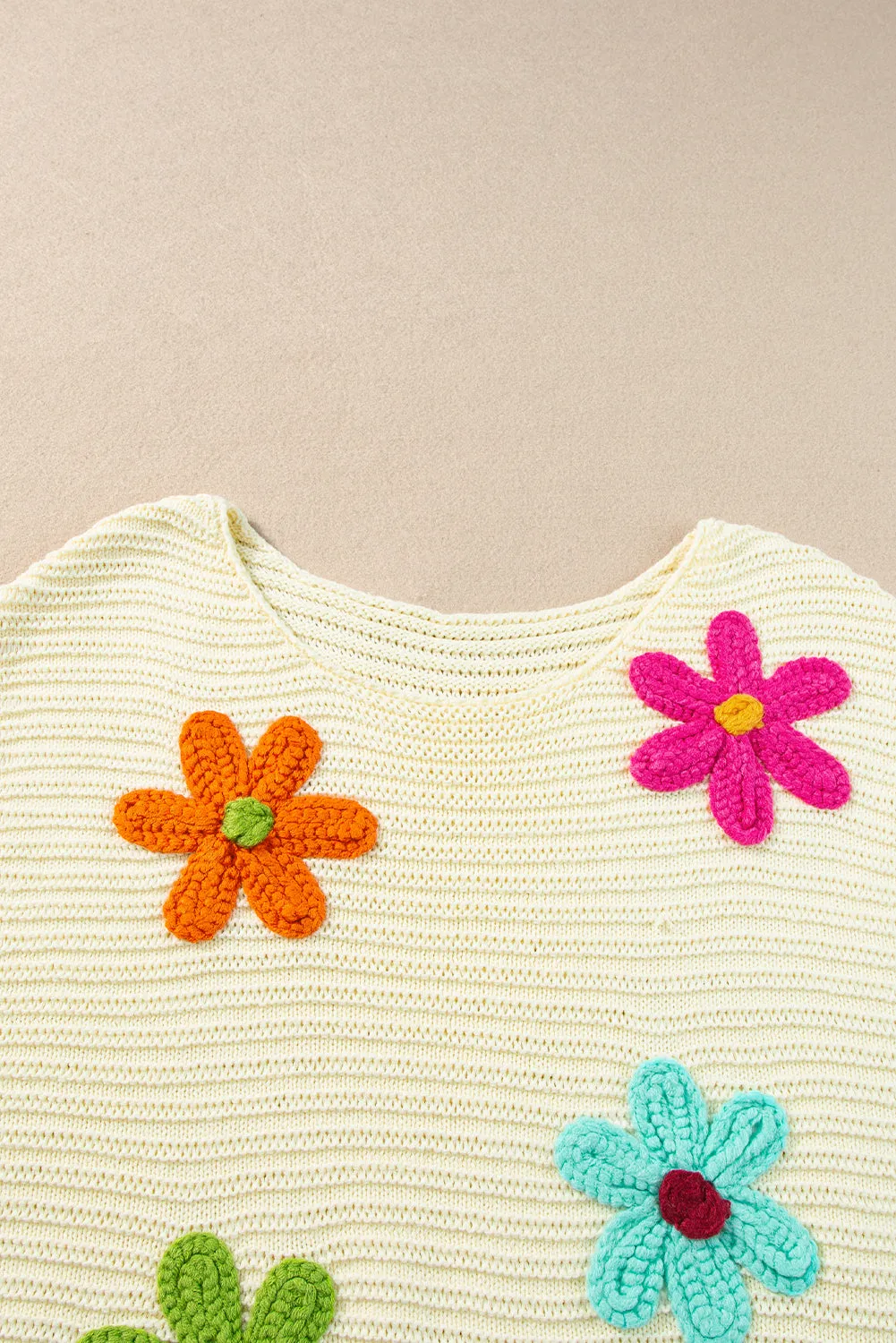 White Flower Crochet Round Neck Knitted Top