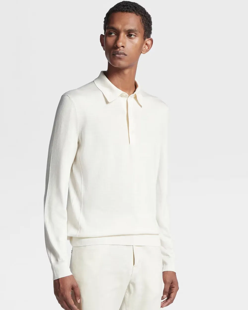 White Silk Cashmere and Linen Long Sleeve Polo