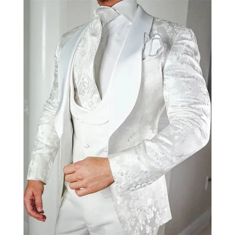 White Slim Fit Blazer Vest Pants 3pcs Suit for Groom Wedding Formal Party