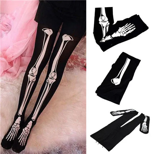 Women Girls Black Cotton Sexy Punk Soft Fancy Trendy Skeleton Bone 3D Printed Pants Leggings Leggings SM6