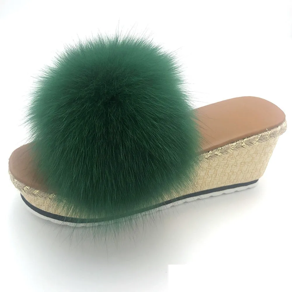 Women's Luxury Dark Green Color Real Fox Fur Wedges House Slippers