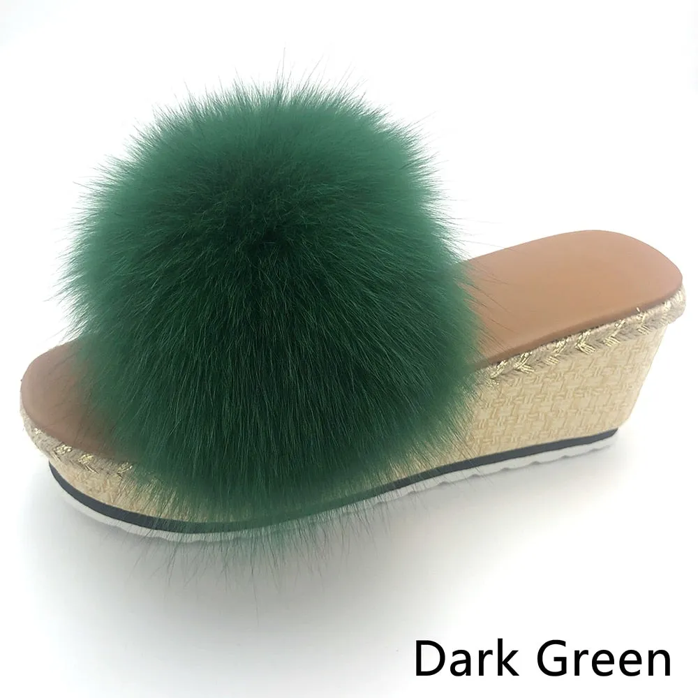 Women's Luxury Dark Green Color Real Fox Fur Wedges House Slippers