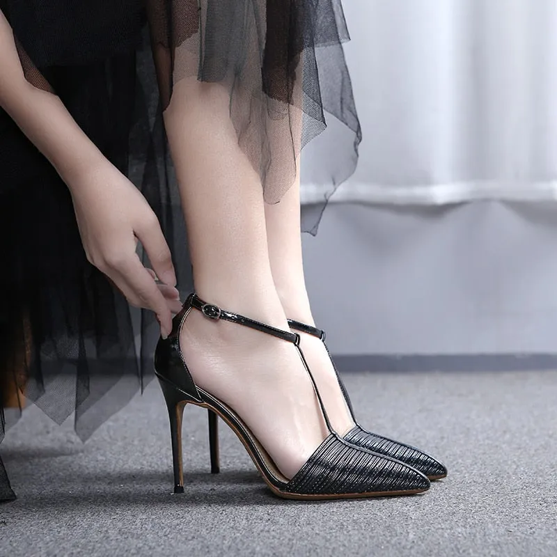 Women's Pointed Toe Ankle Strap Narrow Band Thin Hi-Heel Pumps