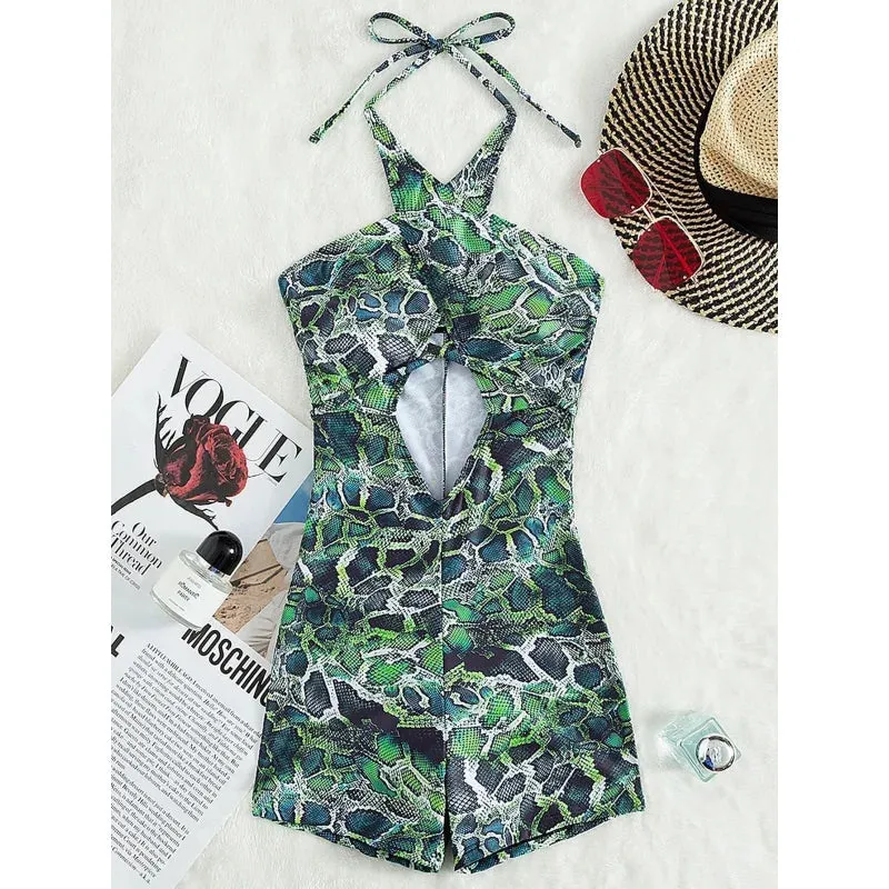 Women's Polyester Green Snake Print Halter Cross One Piece Swimwear