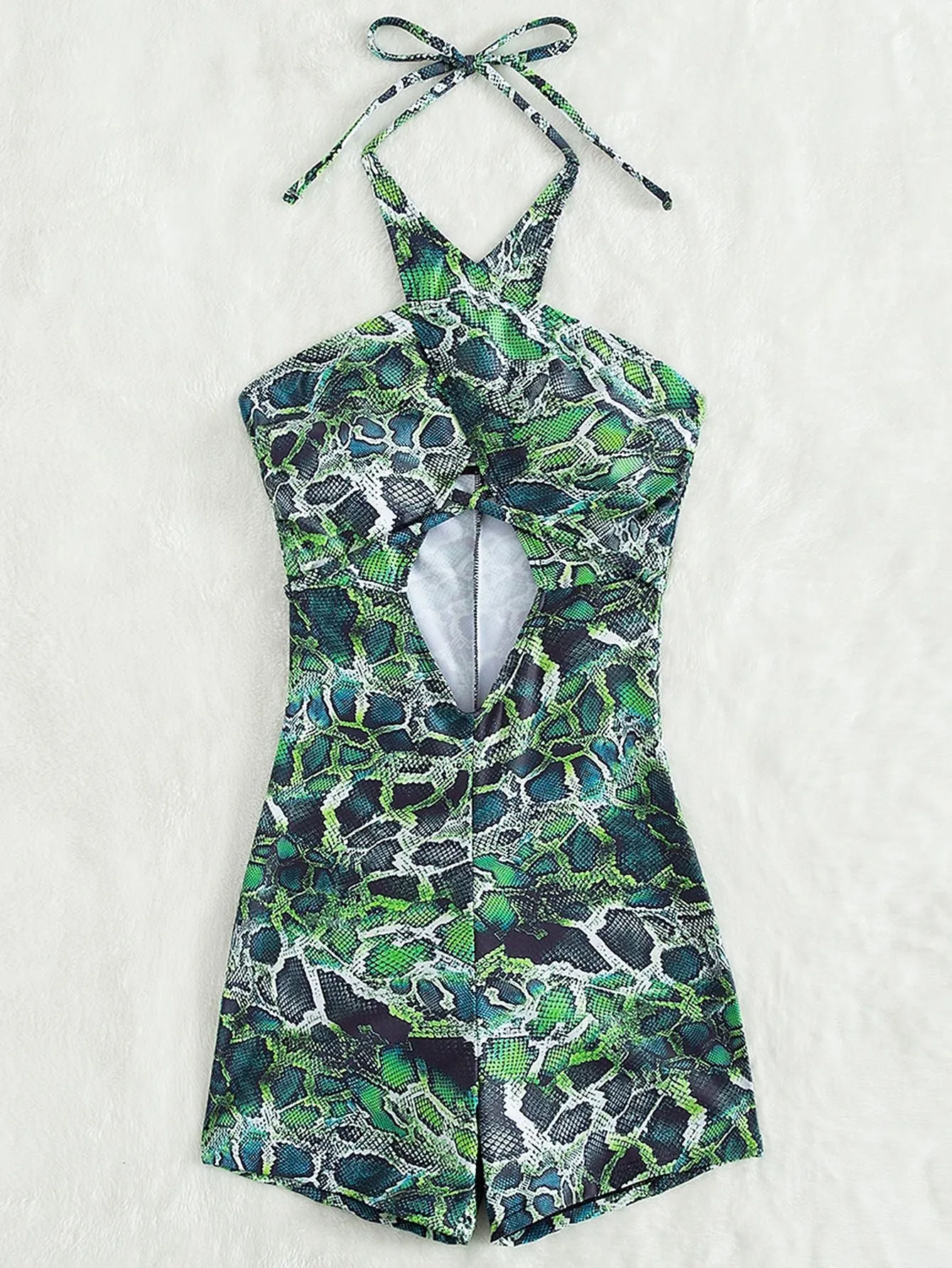 Women's Polyester Green Snake Print Halter Cross One Piece Swimwear