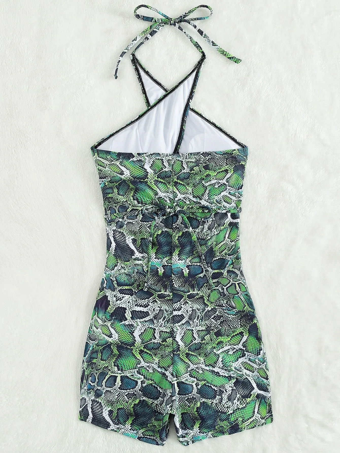 Women's Polyester Green Snake Print Halter Cross One Piece Swimwear