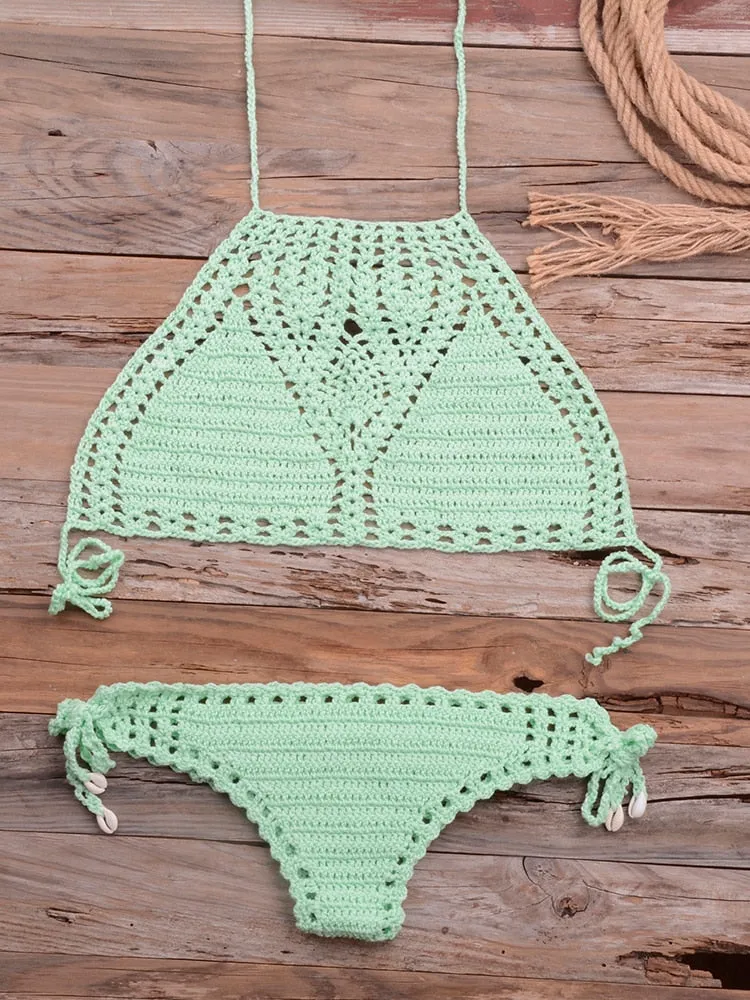 Women's Sexy G String Lattice Hollow Crochet Swimwear Micro Bikini Set