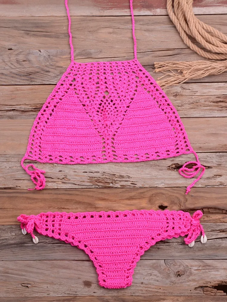 Women's Sexy G String Lattice Hollow Crochet Swimwear Micro Bikini Set