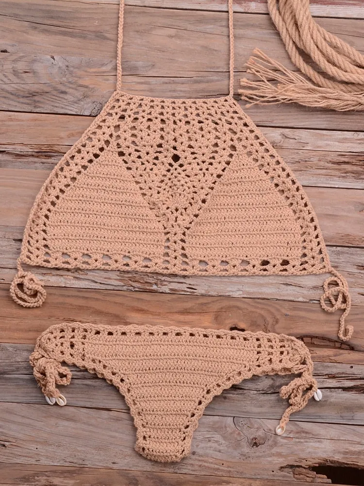 Women's Sexy G String Lattice Hollow Crochet Swimwear Micro Bikini Set